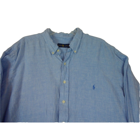 Ralph Lauren Linen Shirt Mens 2XB Big Blue Long Sleeve Button Down - Picture 9 of 10
